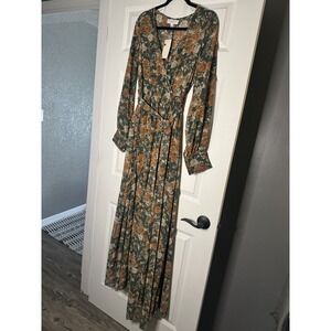 Big Hit Fashion Long Sleeve Floral V Neck Tie Waist Maxi Dress Large Nwt